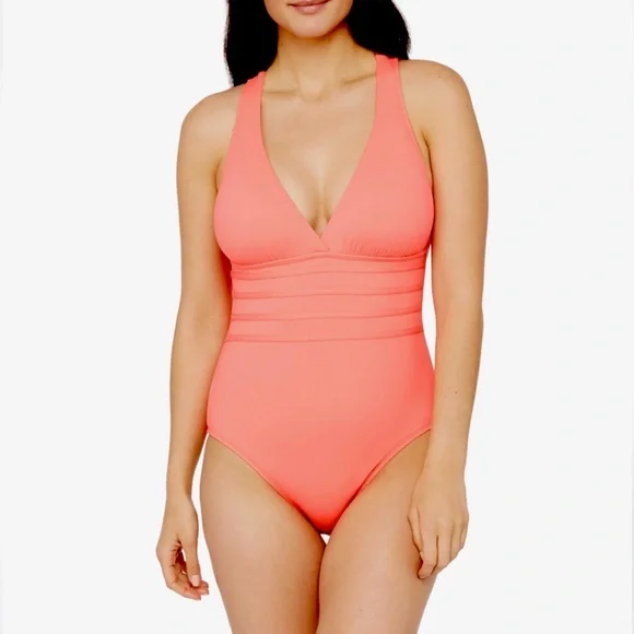 NWT La Blanca Island Goddess Criss Cross Back Strap One Piece Swim Orange Sz 14